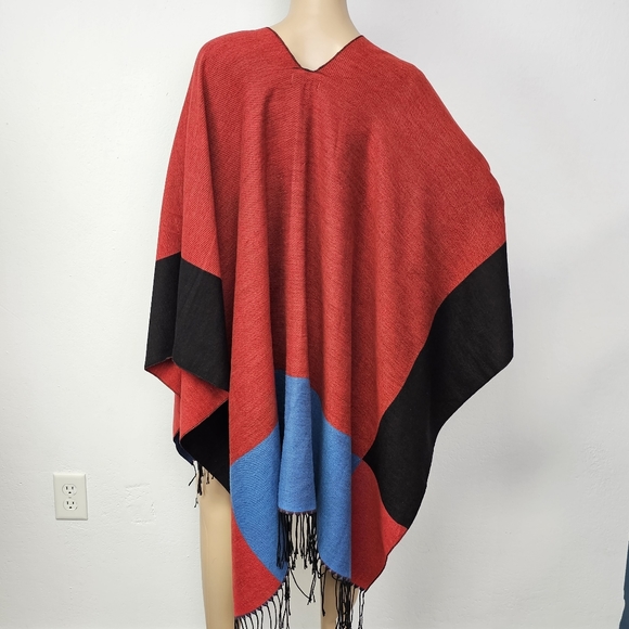 Janice Apparel Wrap Poncho Colorblock Fringed One size Country Cabincore - Picture 7 of 12